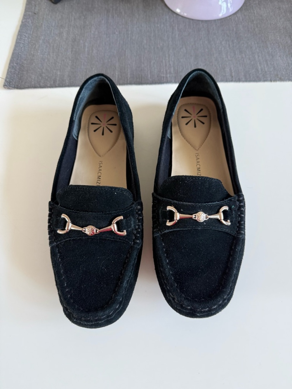Isaac Mizrahi Black Suede Loafers with Gold Horsebit